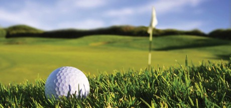 Golf ball near a green hole flag